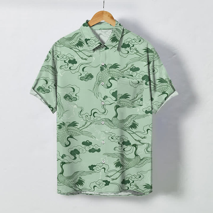 Buddha Stones Camicia da uomo a maniche corte traspirante con motivo a gru, nuvole e onde, bottoni. - Verde pallido - US/UK/AU48, EU58 (4XL) - image 5