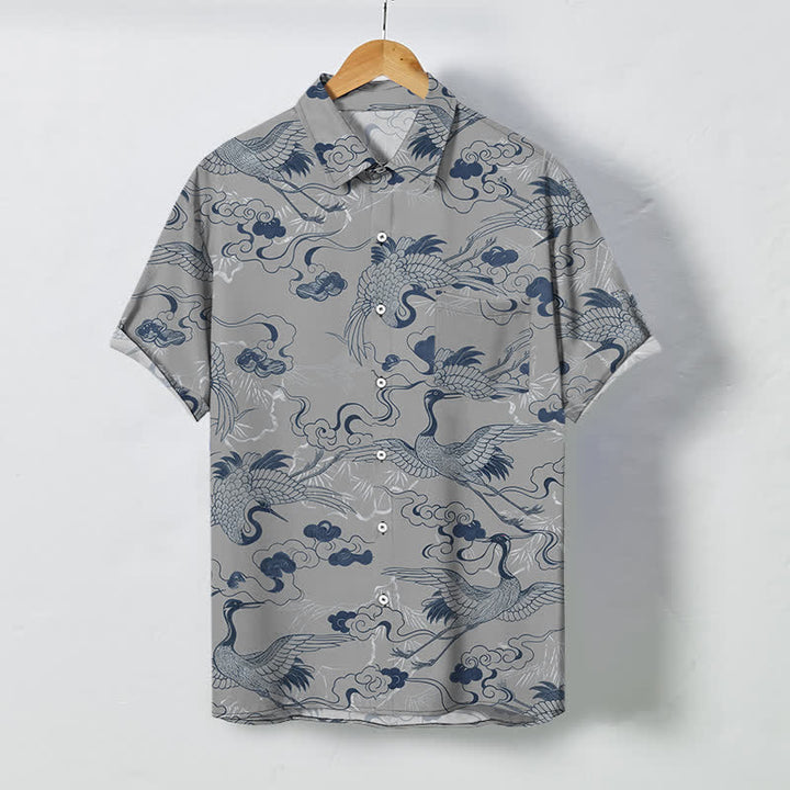 Buddha Stones Camicia da uomo a maniche corte traspirante con motivo a gru, nuvole e onde, bottoni. - Grigio chiaro - US/UK/AU48, EU58 (4XL) - image 7