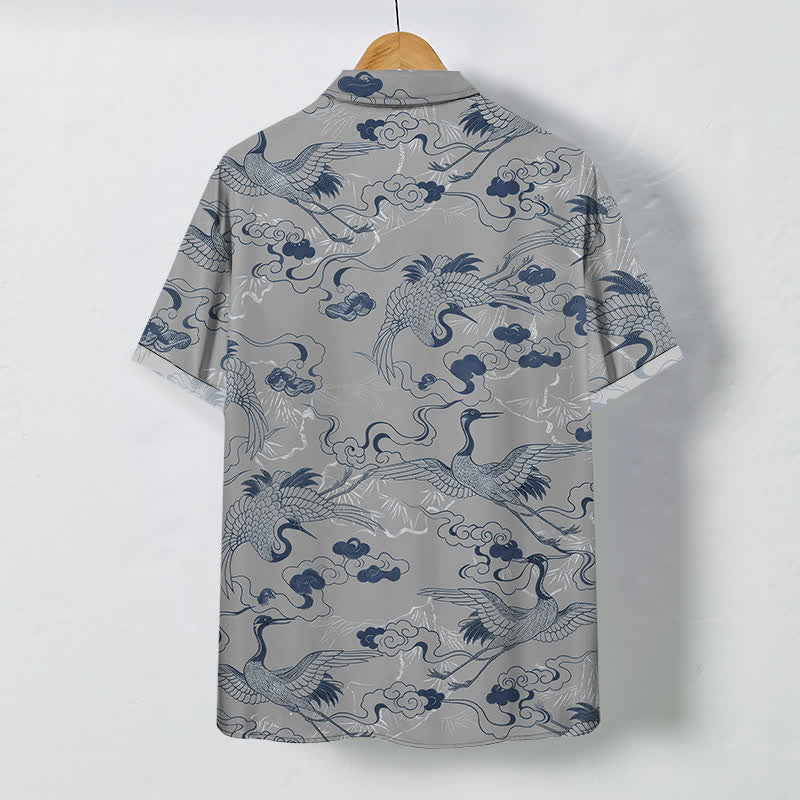 Buddha Stones Camicia da uomo a maniche corte traspirante con motivo a gru, nuvole e onde, bottoni. - image 8