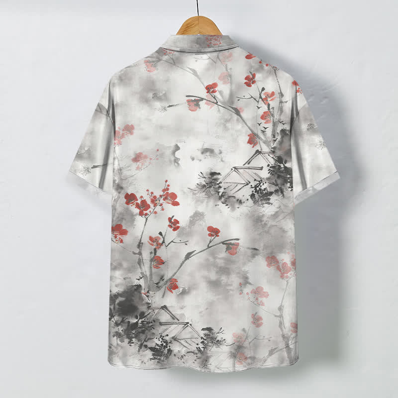 Buddha Stones Camicia da uomo a maniche corte traspirante con motivo floreale rosso inchiostro, rami e case in fiore, bottoni. - image 1