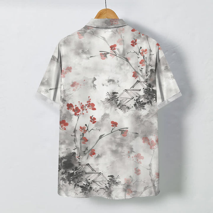 Buddha Stones Camicia da uomo a maniche corte traspirante con motivo floreale rosso inchiostro, rami e case in fiore, bottoni. - image 1
