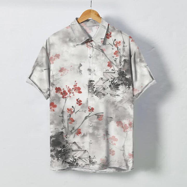 Buddha Stones Camicia da uomo a maniche corte traspirante con motivo floreale rosso inchiostro, rami e case in fiore, bottoni. - WhiteSmoke - US/UK/AU48, EU58 (4XL) - image 0
