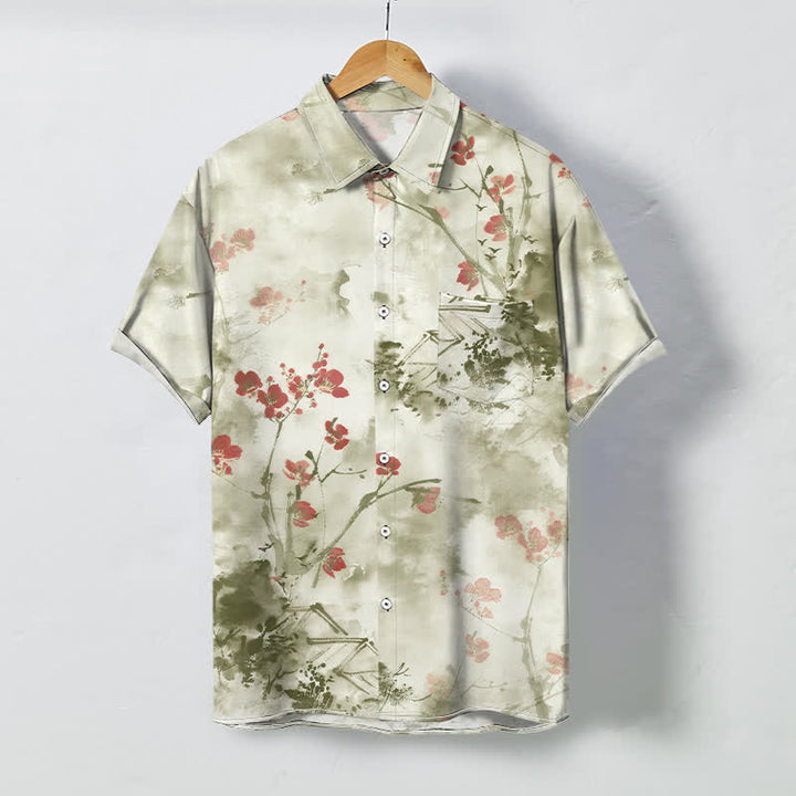 Buddha Stones Camicia da uomo a maniche corte traspirante con motivo floreale rosso inchiostro, rami e case in fiore, bottoni. - Beige - US/UK/AU48, EU58 (4XL) - image 3