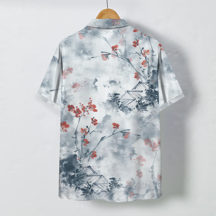 Buddha Stones Camicia da uomo a maniche corte traspirante con motivo floreale rosso inchiostro, rami e case in fiore, bottoni. - image 6