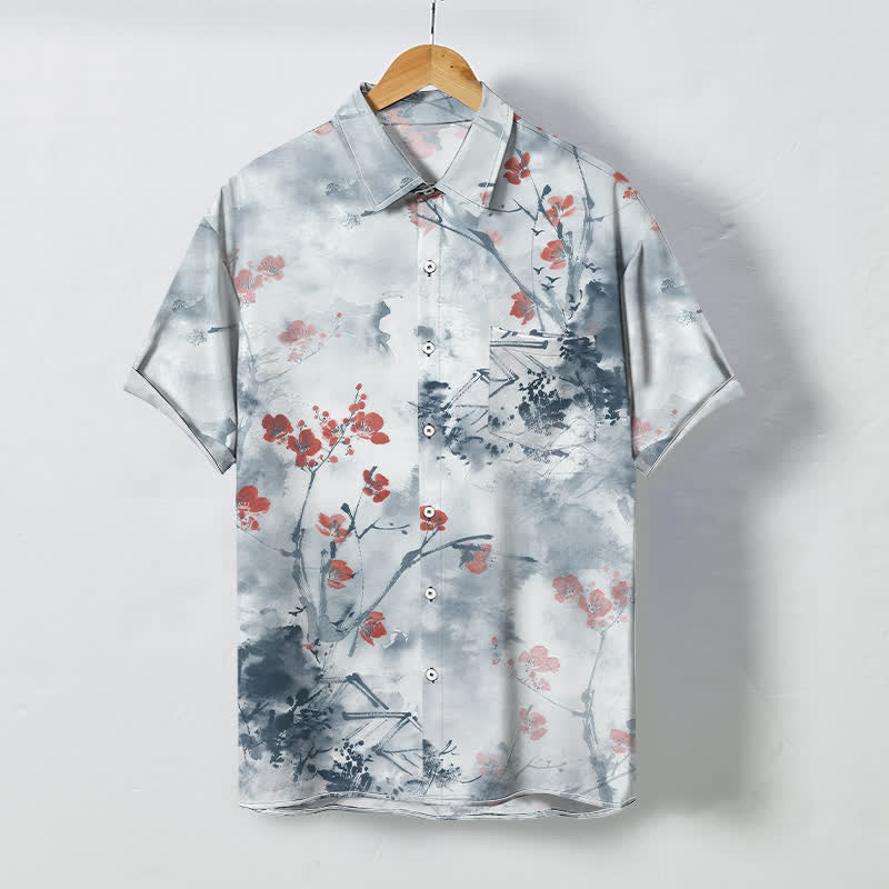 Buddha Stones Camicia da uomo a maniche corte traspirante con motivo floreale rosso inchiostro, rami e case in fiore, bottoni. - Azzurro polvere - US/UK/AU48, EU58 (4XL) - image 5