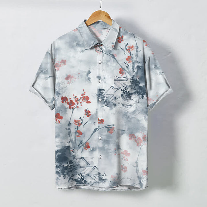 Buddha Stones Camicia da uomo a maniche corte traspirante con motivo floreale rosso inchiostro, rami e case in fiore, bottoni. - Azzurro polvere - US/UK/AU48, EU58 (4XL) - image 5