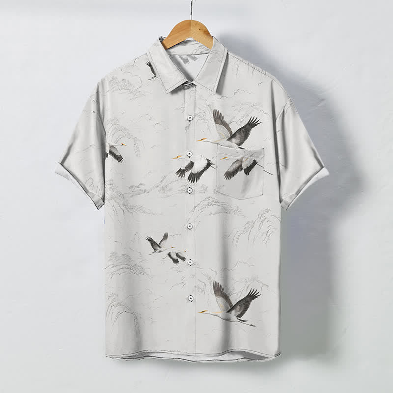 Buddha Stones Camicia da uomo a maniche corte traspirante con motivo paesaggio, gru e catene montuose, bottoni e stampa a inchiostro. - Bianco - US/UK/AU48, EU58 (4XL) - image 0