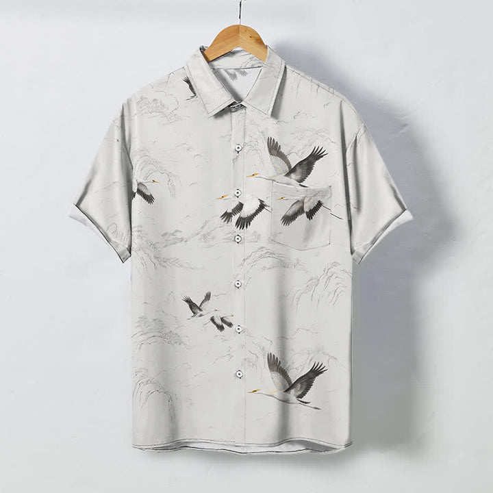Buddha Stones Camicia da uomo a maniche corte traspirante con motivo paesaggio, gru e catene montuose, bottoni e stampa a inchiostro. - Bianco - US/UK/AU48, EU58 (4XL) - image 0