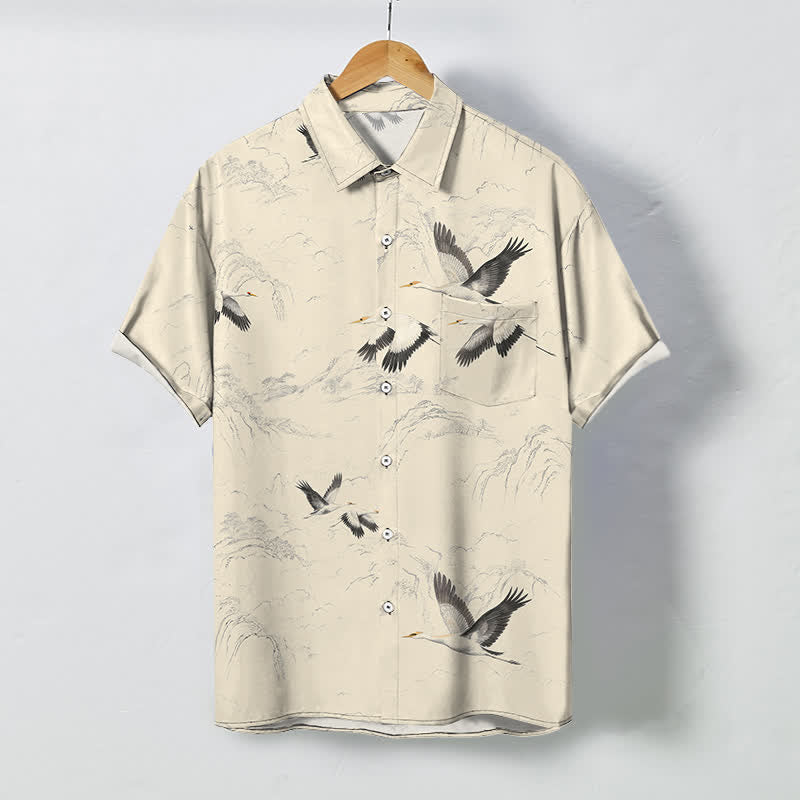 Buddha Stones Camicia da uomo a maniche corte traspirante con motivo paesaggio, gru e catene montuose, bottoni e stampa a inchiostro. - Beige - US/UK/AU48, EU58 (4XL) - image 7