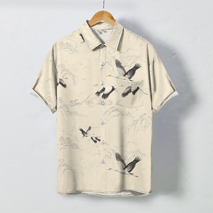 Buddha Stones Camicia da uomo a maniche corte traspirante con motivo paesaggio, gru e catene montuose, bottoni e stampa a inchiostro. - Beige - US/UK/AU48, EU58 (4XL) - image 7