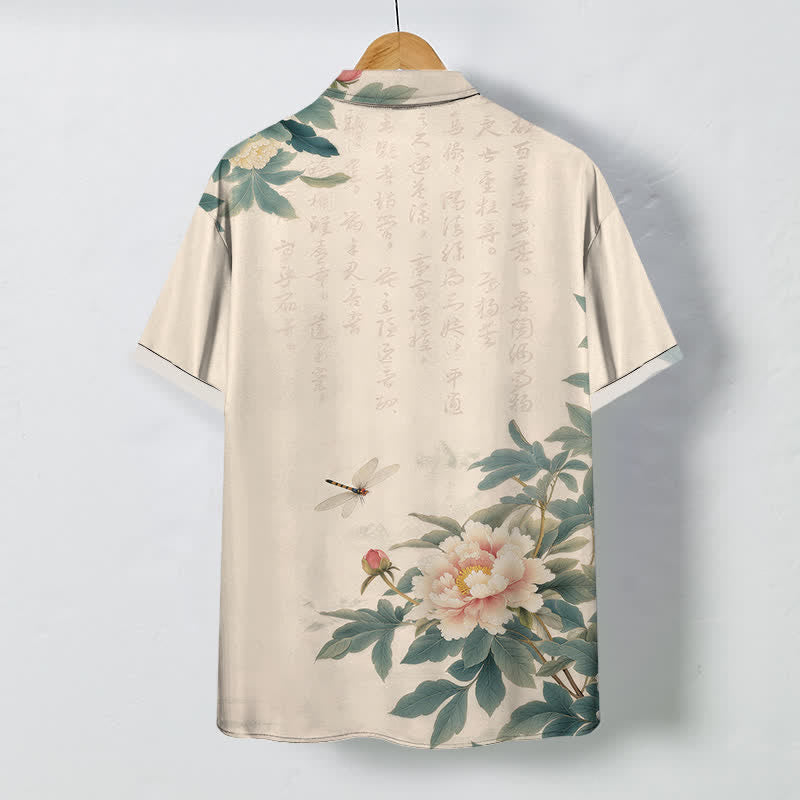Buddha Stones Camicia da uomo a maniche corte traspirante con bottoni, motivo a foglie di peonia rosa e libellula. - image 1