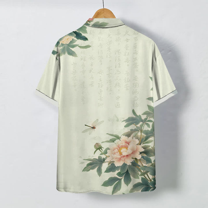 Buddha Stones Camicia da uomo a maniche corte traspirante con bottoni, motivo a foglie di peonia rosa e libellula. - image 6