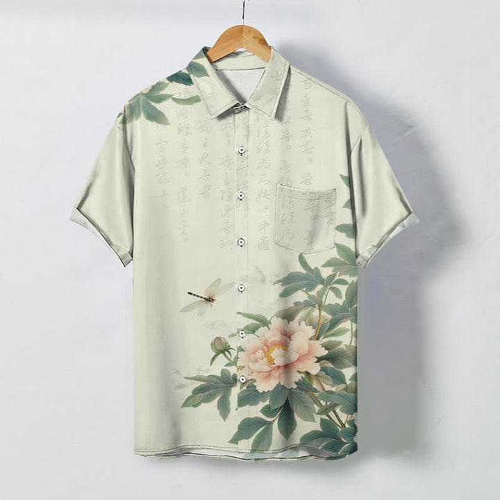Buddha Stones Camicia da uomo a maniche corte traspirante con bottoni, motivo a foglie di peonia rosa e libellula. - Melata - US/UK/AU48, EU58 (4XL) - image 5