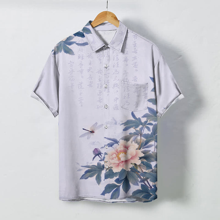 Buddha Stones Camicia da uomo a maniche corte traspirante con bottoni, motivo a foglie di peonia rosa e libellula. - Lavanda - US/UK/AU48, EU58 (4XL) - image 7