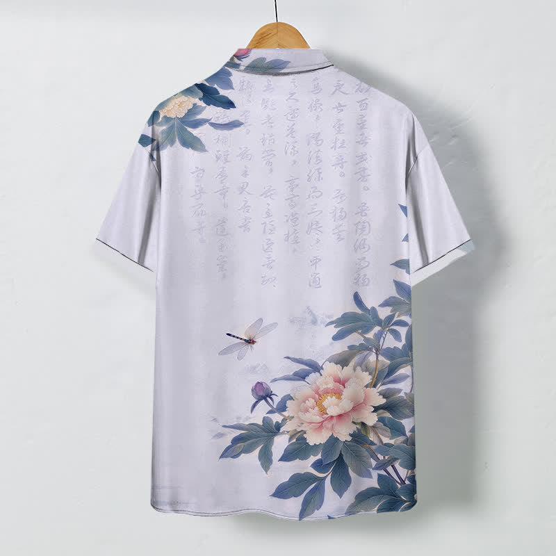 Buddha Stones Camicia da uomo a maniche corte traspirante con bottoni, motivo a foglie di peonia rosa e libellula. - image 8