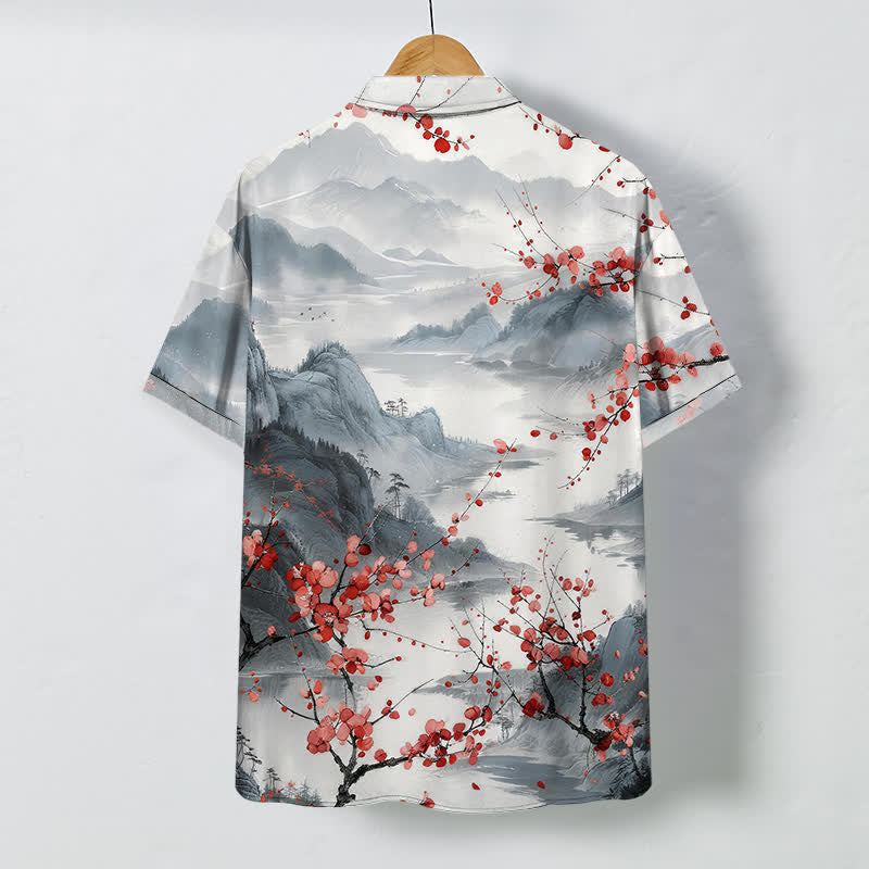 Buddha Stones Camicia da uomo a maniche corte traspirante con motivo paesaggistico, montagne in fiore rosse e bottoni. - image 1