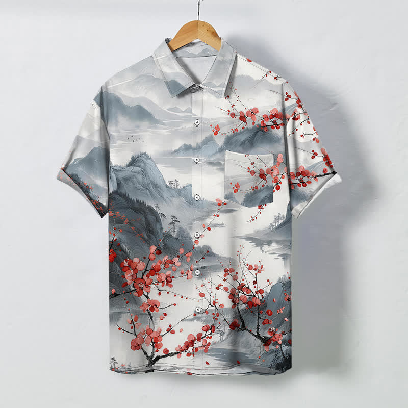 Buddha Stones Camicia da uomo a maniche corte traspirante con motivo paesaggistico, montagne in fiore rosse e bottoni. - Grigio chiaro - US/UK/AU48, EU58 (4XL) - image 0