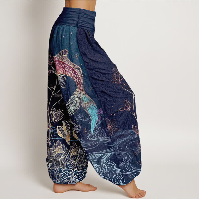 Buddha Stones Pantaloni harem da donna in puro cotone con elastico in vita e motivo a pesce koi di loto - image 2