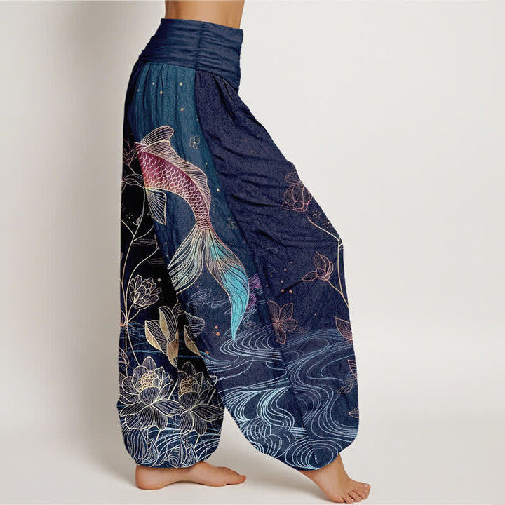 Buddha Stones Pantaloni harem da donna in puro cotone con elastico in vita e motivo a pesce koi di loto - image 2