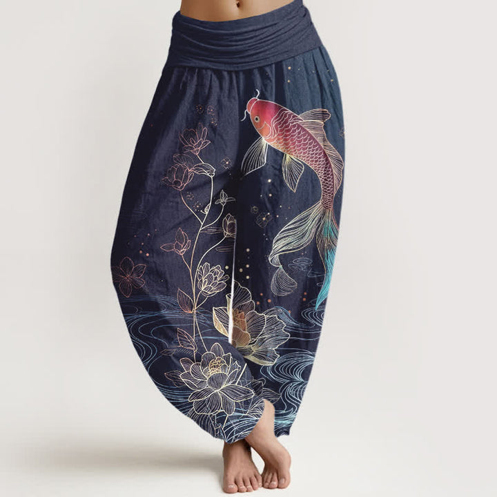 Buddha Stones Pantaloni harem da donna in puro cotone con elastico in vita e motivo a pesce koi di loto - SteelBlue - US16, UK/AU20, EU48 (3XL) - image 0
