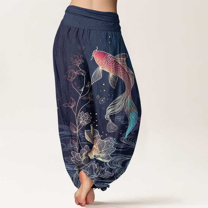 Buddha Stones Pantaloni harem da donna in puro cotone con elastico in vita e motivo a pesce koi di loto - image 1