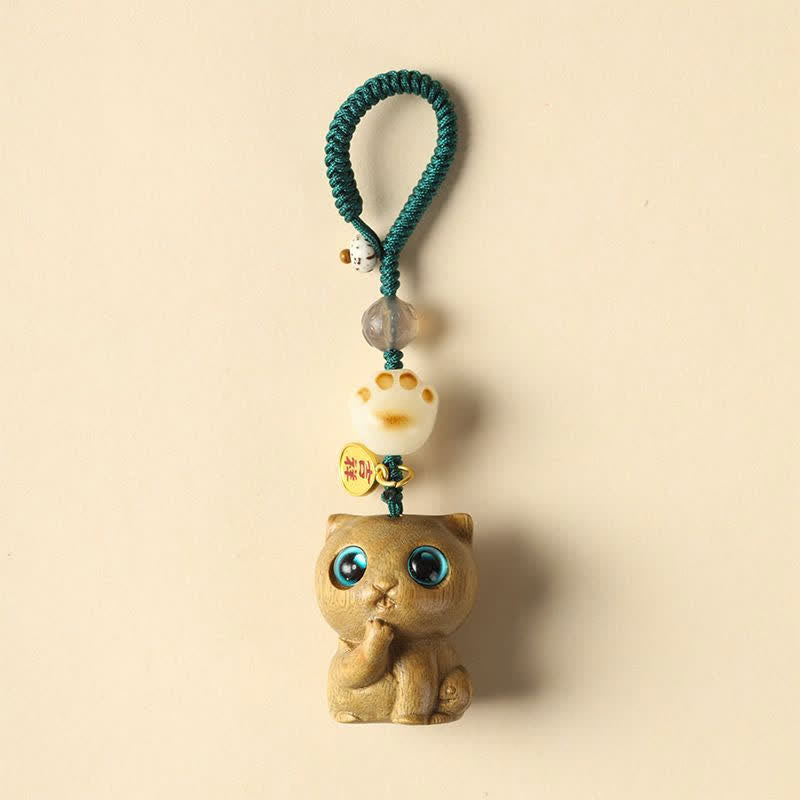 Buddha Stones Portachiavi rilassanti intrecciati a mano con gatto in legno di sandalo verde. - Portachiavi - image 1