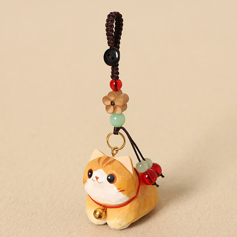 Buddha Stones Portachiavi in ​​legno naturale intagliato a mano con gatto sdraiato e simbolo Om Mani Padme Hum Pace. - Gatto arancione Fiore di prugno - image 0