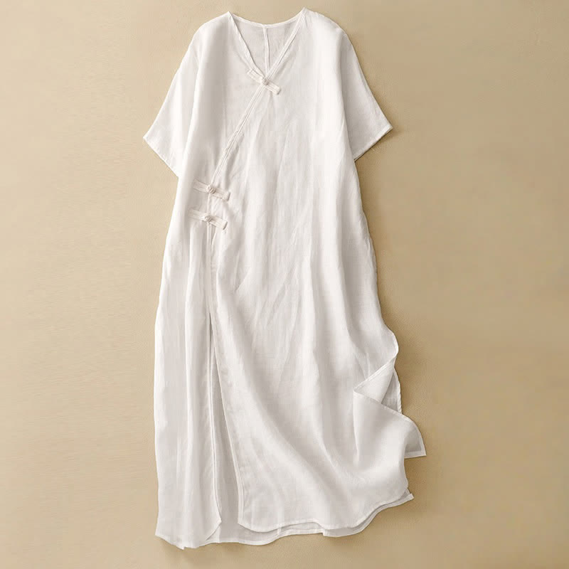 Abito midi da donna in cotone e lino con maniche corte, scollo a V, bottoni a rana , Buddha Stones - Bianco - US8-10, UK/AU12-14, EU40-42 (2XL) - image 9