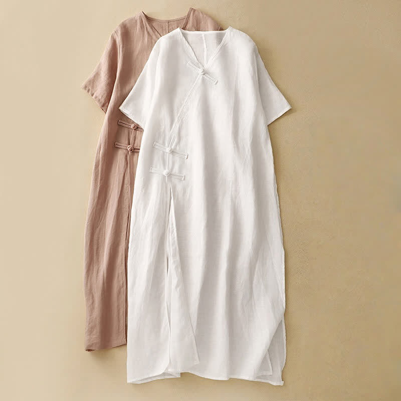 Abito midi da donna in cotone e lino con maniche corte, scollo a V, bottoni a rana , Buddha Stones - image 16
