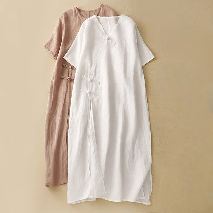 Abito midi da donna in cotone e lino con maniche corte, scollo a V, bottoni a rana , Buddha Stones - image 16