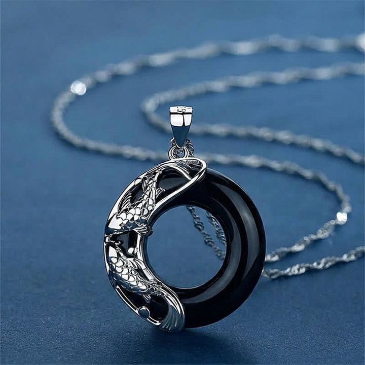 Buddha Stones Collana portafortuna con carpa koi in giada bianca naturale - Ossidiana Nera (Purificazione♥Forza) - image 8