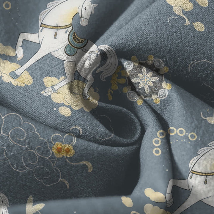 Buddha Stones Pantaloni da uomo affusolati in puro cotone bianco con motivo cavalli, nuvole e fiori, con coulisse e tasche. - image 6