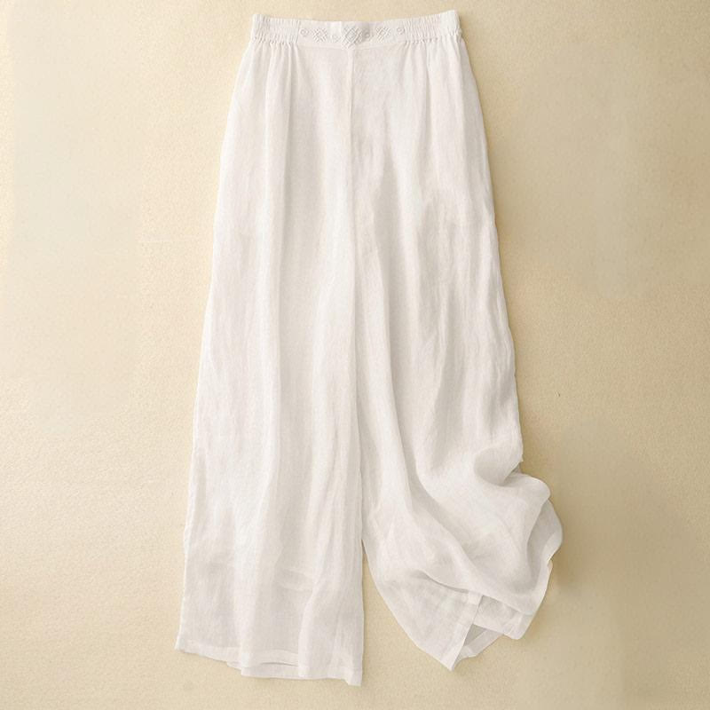 Pantaloni larghi da donna in cotone e lino con tasche, con elastico in vita e ricamo geometrico Buddha Stones - Bianco - US12, UK/AU16, EU44 (2XL) - image 20