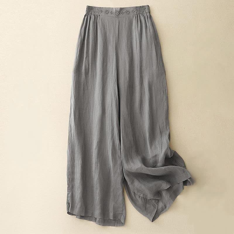 Pantaloni larghi da donna in cotone e lino con tasche, con elastico in vita e ricamo geometrico Buddha Stones - Grigio - US12, UK/AU16, EU44 (2XL) - image 6