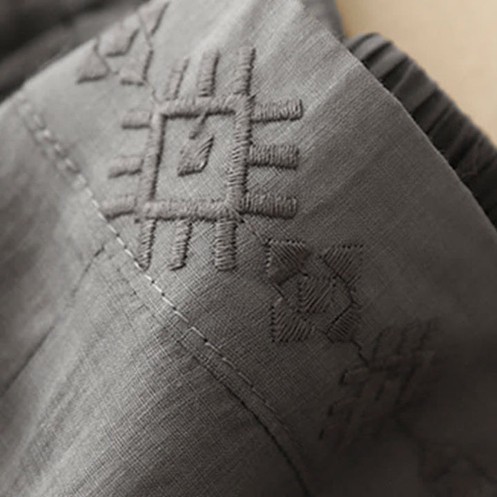 Pantaloni larghi da donna in cotone e lino con tasche, con elastico in vita e ricamo geometrico Buddha Stones - image 10
