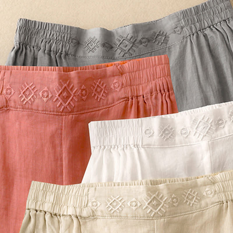 Pantaloni larghi da donna in cotone e lino con tasche, con elastico in vita e ricamo geometrico Buddha Stones - image 26