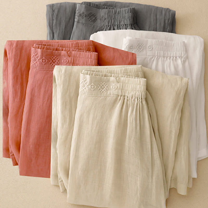 Pantaloni larghi da donna in cotone e lino con tasche, con elastico in vita e ricamo geometrico Buddha Stones - image 1