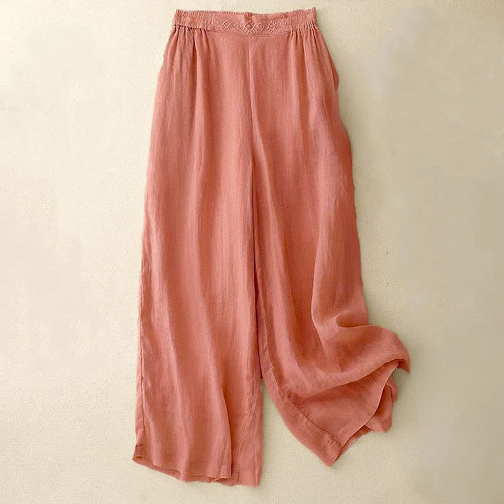 Pantaloni larghi da donna in cotone e lino con tasche, con elastico in vita e ricamo geometrico Buddha Stones - Salmone chiaro - US12, UK/AU16, EU44 (2XL) - image 0