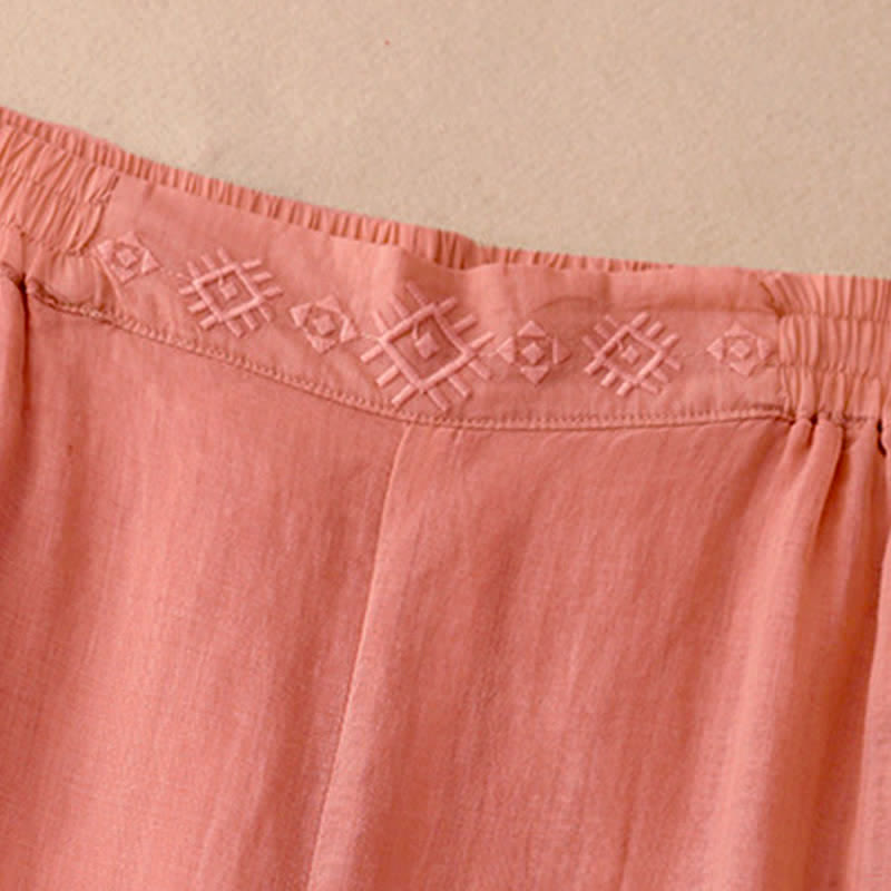 Pantaloni larghi da donna in cotone e lino con tasche, con elastico in vita e ricamo geometrico Buddha Stones - image 2