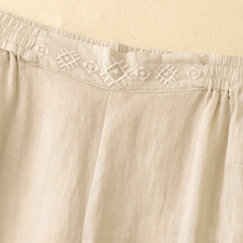 Pantaloni larghi da donna in cotone e lino con tasche, con elastico in vita e ricamo geometrico Buddha Stones - image 14