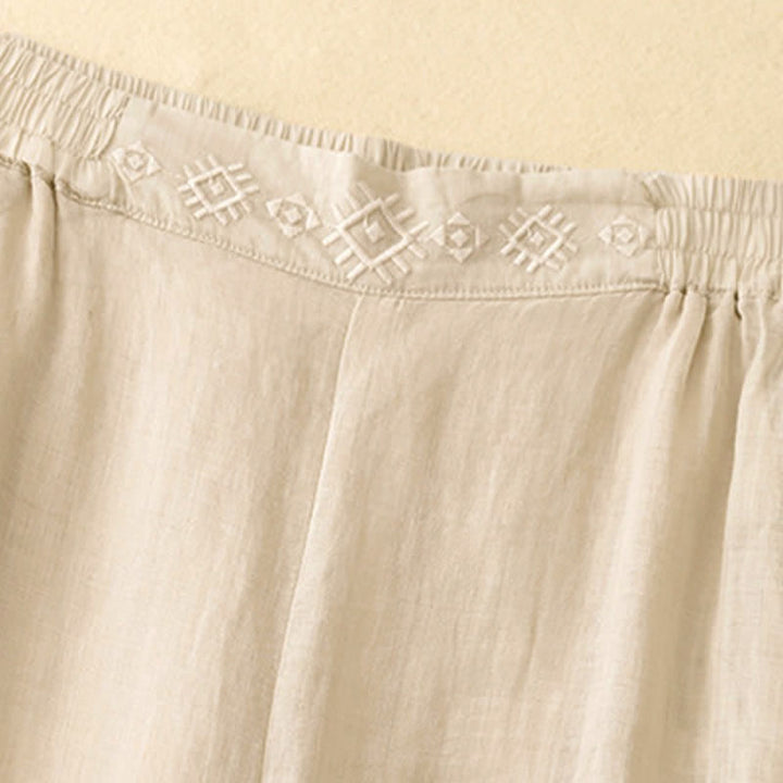 Pantaloni larghi da donna in cotone e lino con tasche, con elastico in vita e ricamo geometrico Buddha Stones - image 14