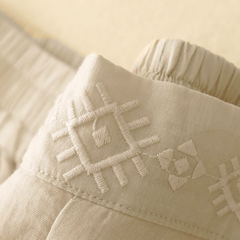 Pantaloni larghi da donna in cotone e lino con tasche, con elastico in vita e ricamo geometrico Buddha Stones - image 15