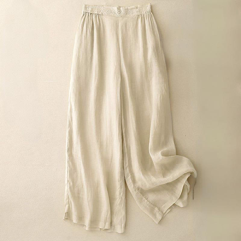 Pantaloni larghi da donna in cotone e lino con tasche, con elastico in vita e ricamo geometrico Buddha Stones - Beige - US12, UK/AU16, EU44 (2XL) - image 11