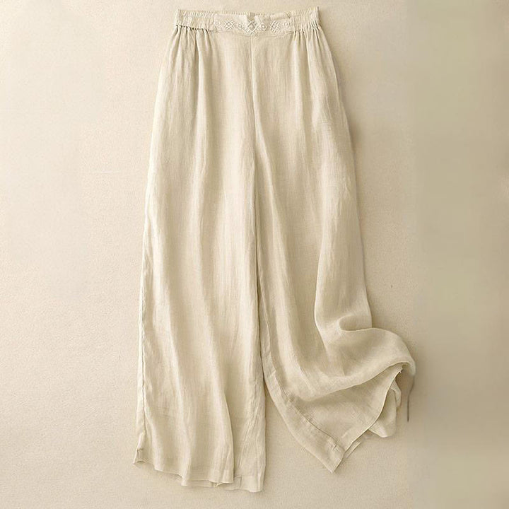 Pantaloni larghi da donna in cotone e lino con tasche, con elastico in vita e ricamo geometrico Buddha Stones - Beige - US12, UK/AU16, EU44 (2XL) - image 11