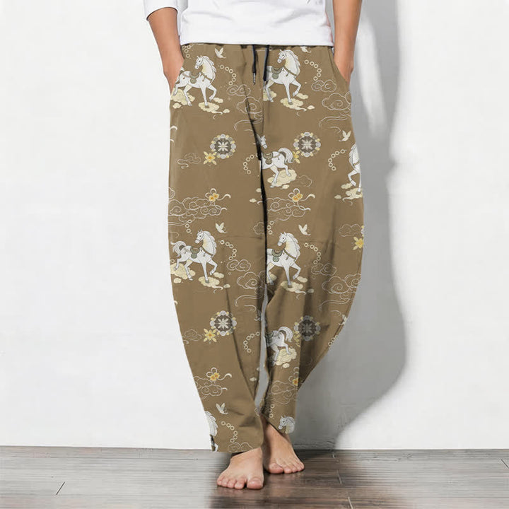 Buddha Stones Pantaloni da uomo affusolati in puro cotone bianco con motivo cavalli, nuvole e fiori, con coulisse e tasche. - Tan - US/UK/AU50, EU60 (5XL) - image 11