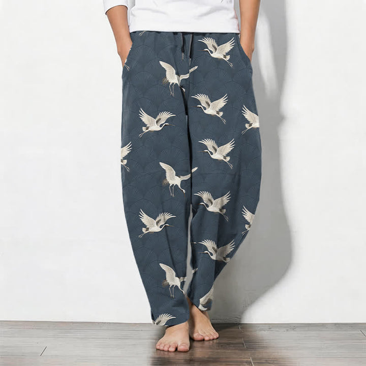 Buddha Stones Pantaloni da uomo affusolati in puro cotone con motivo gru volanti bianche e coulisse, con tasche. - SteelBlue - US/UK/AU50, EU60 (5XL) - image 0