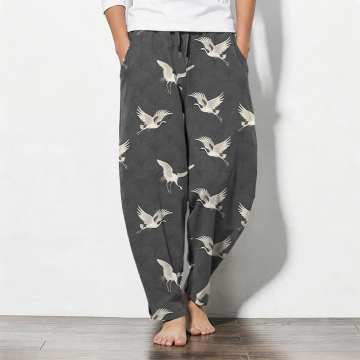 Buddha Stones Pantaloni da uomo affusolati in puro cotone con motivo gru volanti bianche e coulisse, con tasche. - Grigio tenue - US/UK/AU50, EU60 (5XL) - image 7