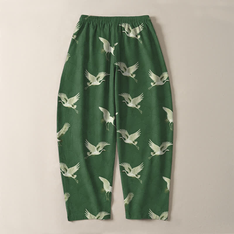 Buddha Stones Pantaloni da uomo affusolati in puro cotone con motivo gru volanti bianche e coulisse, con tasche. - image 14