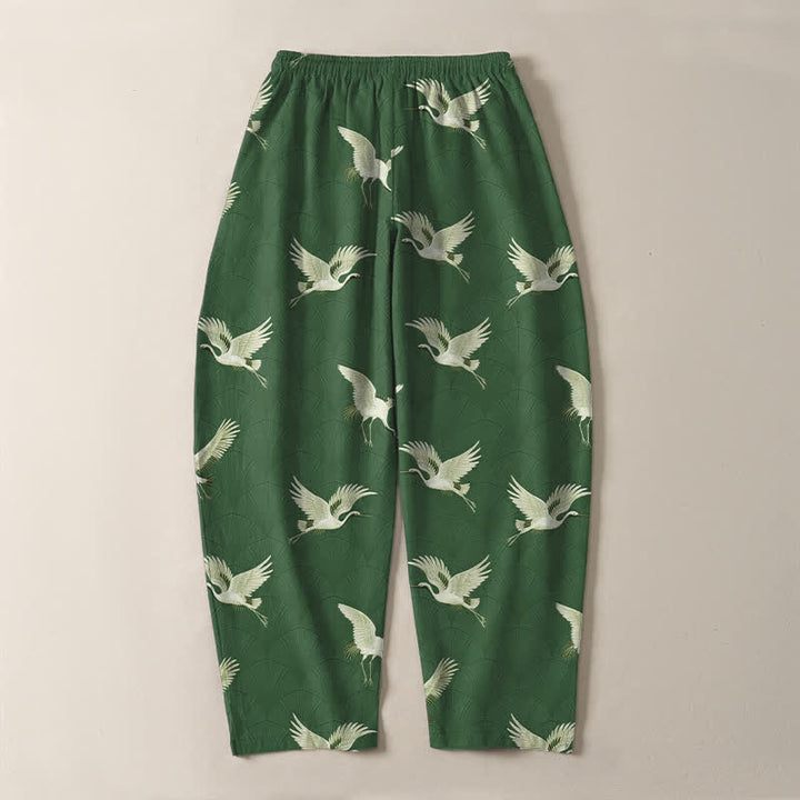Buddha Stones Pantaloni da uomo affusolati in puro cotone con motivo gru volanti bianche e coulisse, con tasche. - image 14
