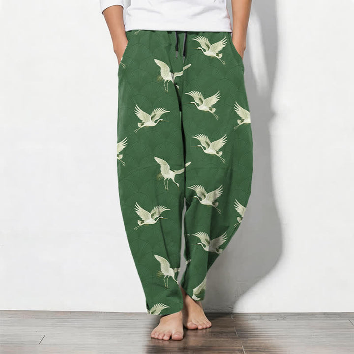 Buddha Stones Pantaloni da uomo affusolati in puro cotone con motivo gru volanti bianche e coulisse, con tasche. - Verde studentesco - US/UK/AU50, EU60 (5XL) - image 11
